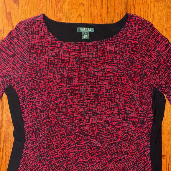 LAUREN RALPH LAUREN 18W Red Black Print Jersey Ruched Gathered Slimming - Picture 5 of 7